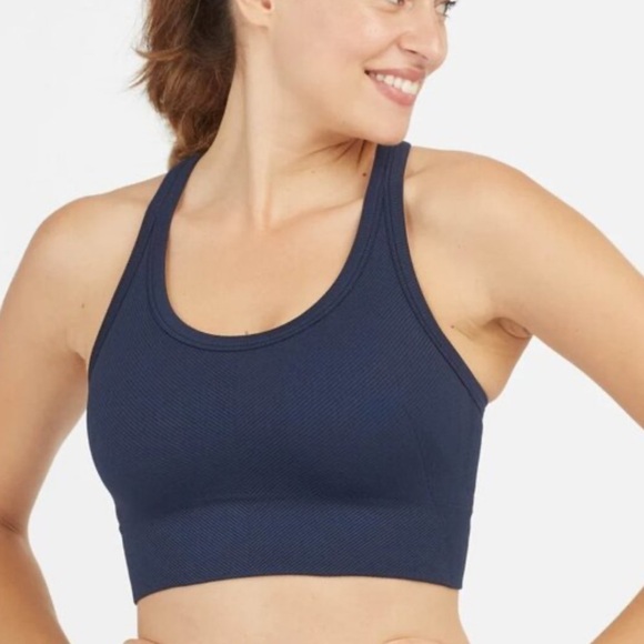 NWT SPANX Seamless Sculpt Chevron Ribbed Longline Sports Bra Women’s XS Navy - Picture 1 of 8